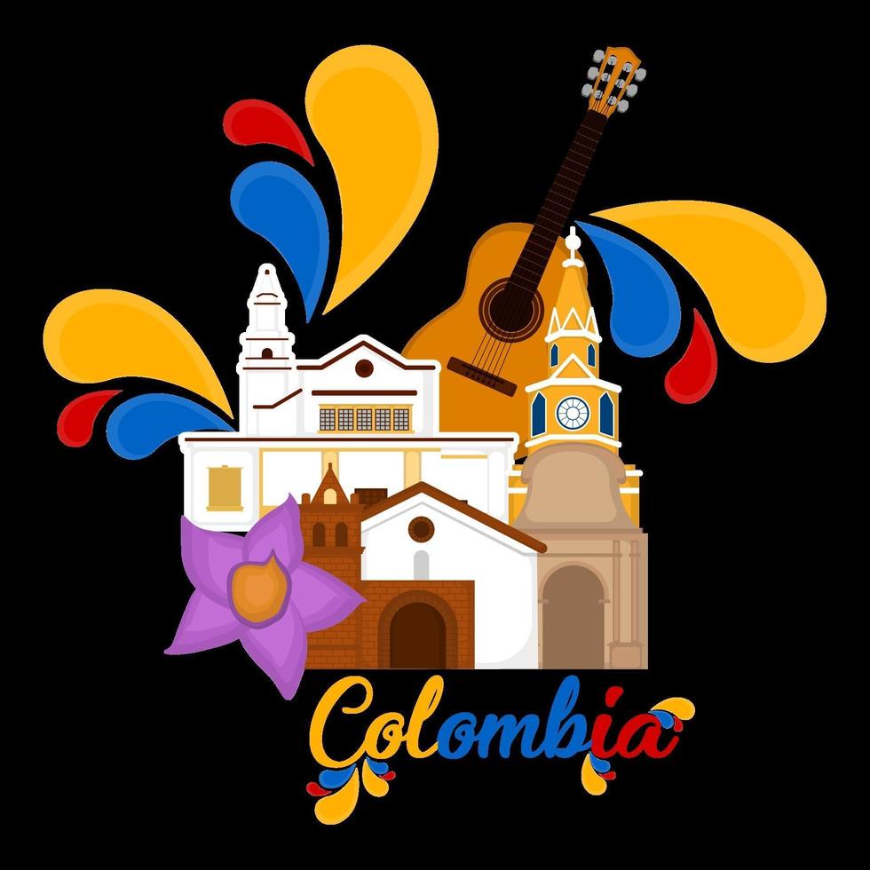 kerkgebouwen met een bloem en gitaar representatief beeld van colombia vector