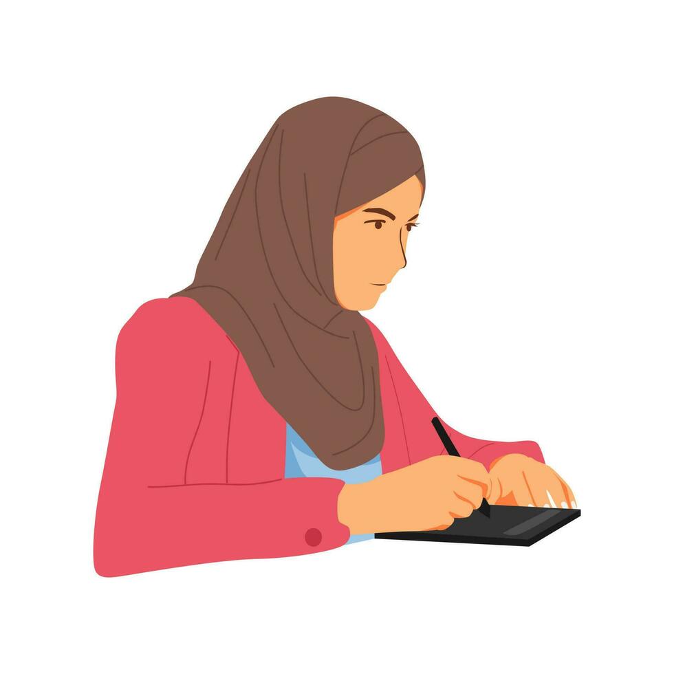 illustratie van een hijab vrouw werken in een kantoor vector