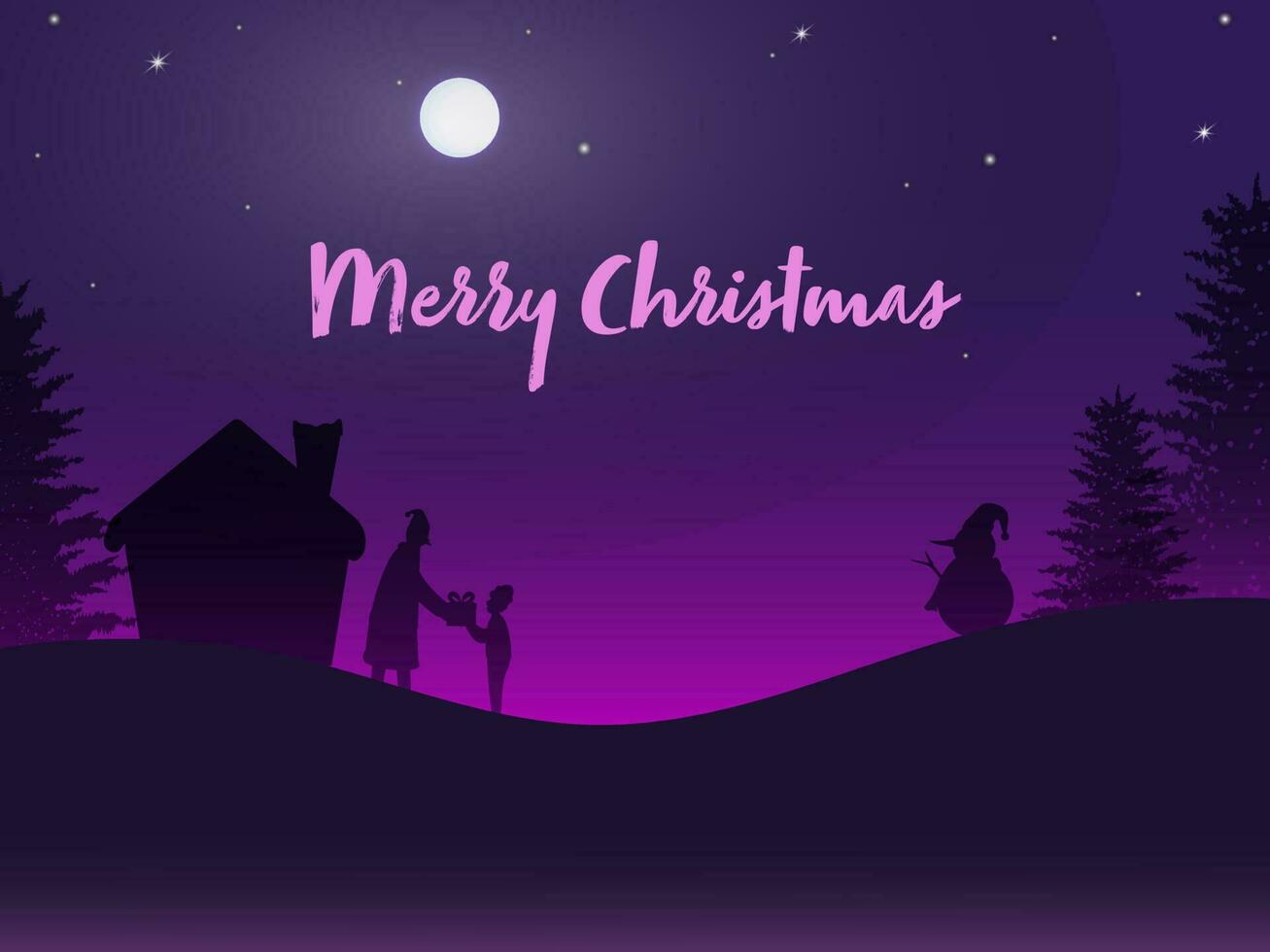 vol maan Purper achtergrond met Kerstmis bomen, huis, sneeuwman en de kerstman claus geven geschenk naar weinig jongen voor vrolijk kerstmis. vector