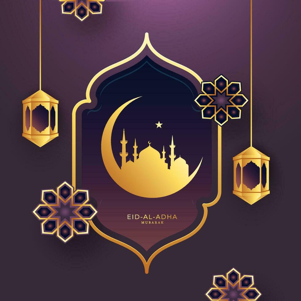 eid-al-adha mubarak concept met halve maan maan, een ster, moskee hangende lantaarns en mandala versierd Aan Purper achtergrond. vector