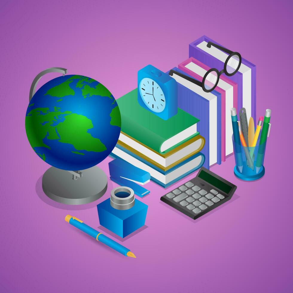 isometrische illustratie van onderwijs of kantoor element Leuk vinden net zo wereld wereldbol, boeken, pen houder, rekenmachine, alarm klok Aan Purper achtergrond. vector