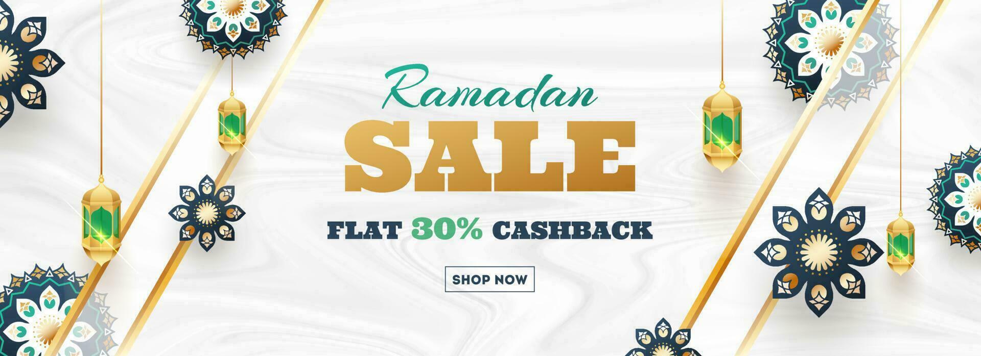 Ramadan uitverkoop vlak 30 cashback hoofd of banier ontwerp. decoratie van mooi bloem en lantaarn Aan glad Golf structuur wit achtergrond. vector
