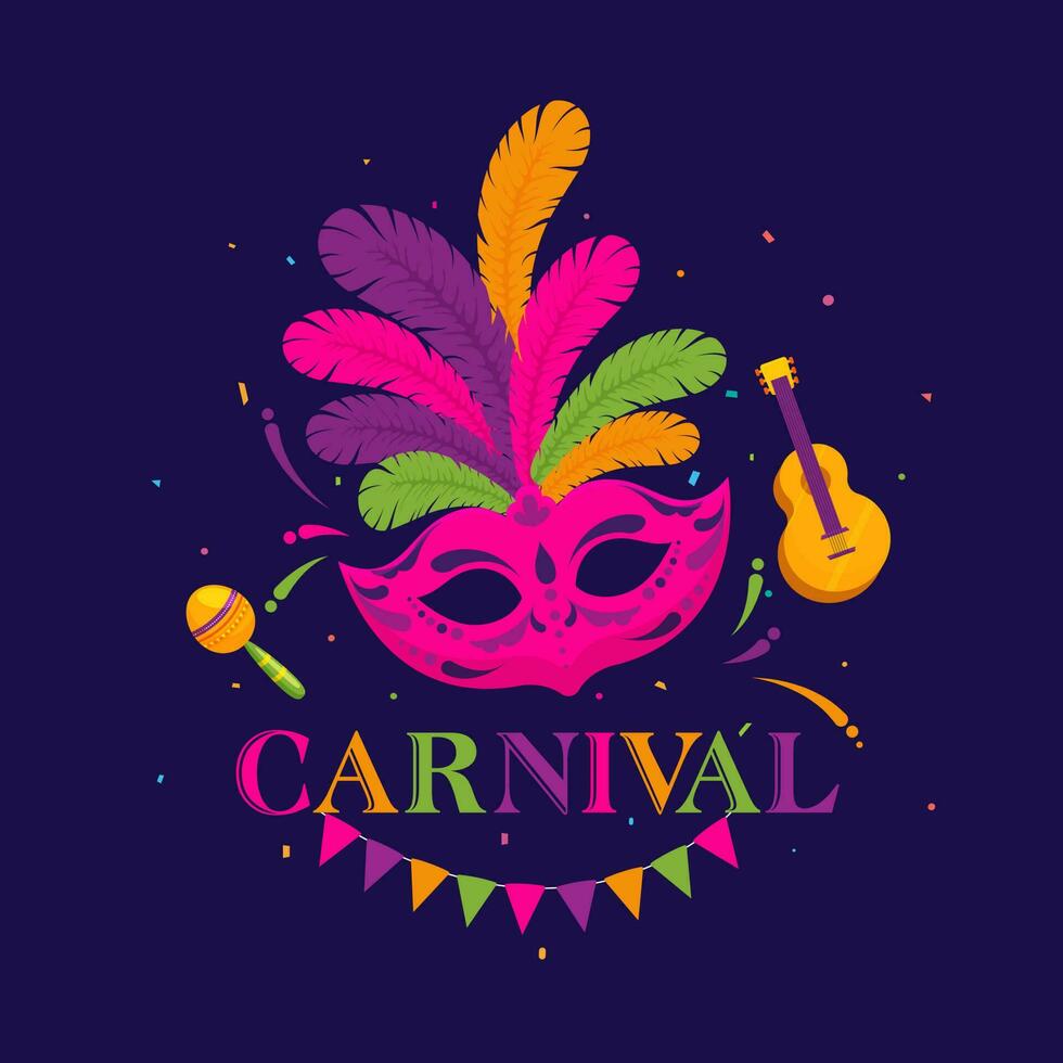 vlak stijl poster of sjabloon ontwerp met kleurrijk partij masker, gitaar en maracas Aan blauw achtergrond voor carnaval feest. vector