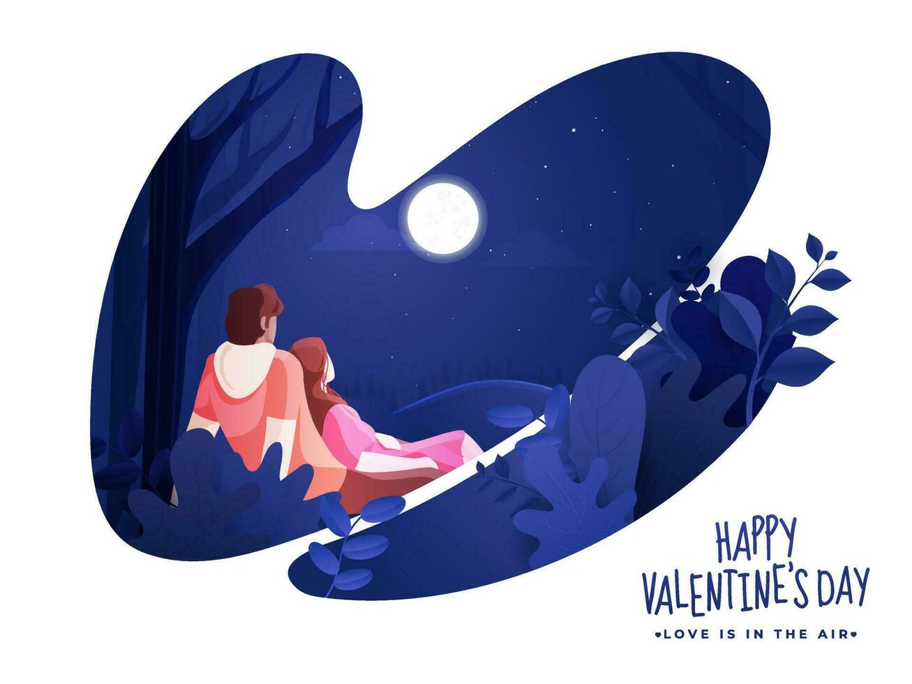 papier besnoeiing natuur nacht tafereel achtergrond met liefhebbend paar karakter en gegeven bericht liefde is in de lucht voor gelukkig Valentijnsdag dag viering. vector