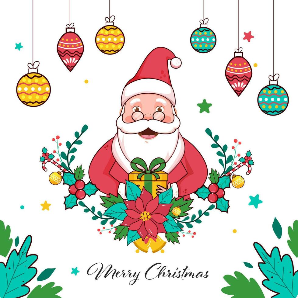 illustratie van vrolijk de kerstman claus Holding een geschenk doos met kerstster bloem, hulst BES, rinkelen klok, bladeren en kerstballen hangen Aan wit achtergrond voor vrolijk kerstmis. vector