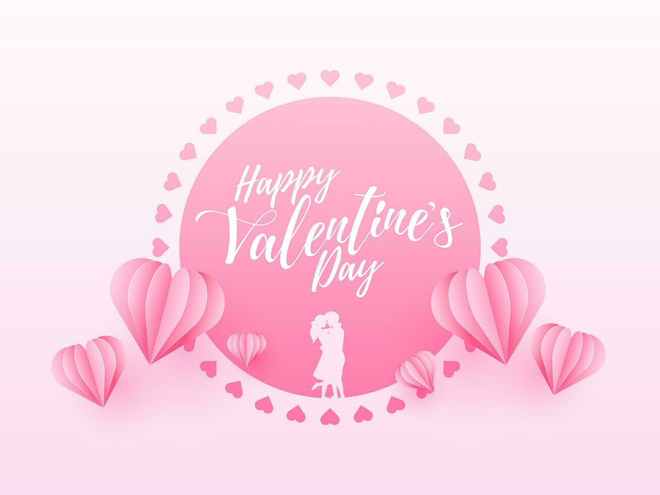 gelukkig Valentijnsdag dag doopvont met silhouet romantisch paar en roze origami papier harten versierd achtergrond. vector