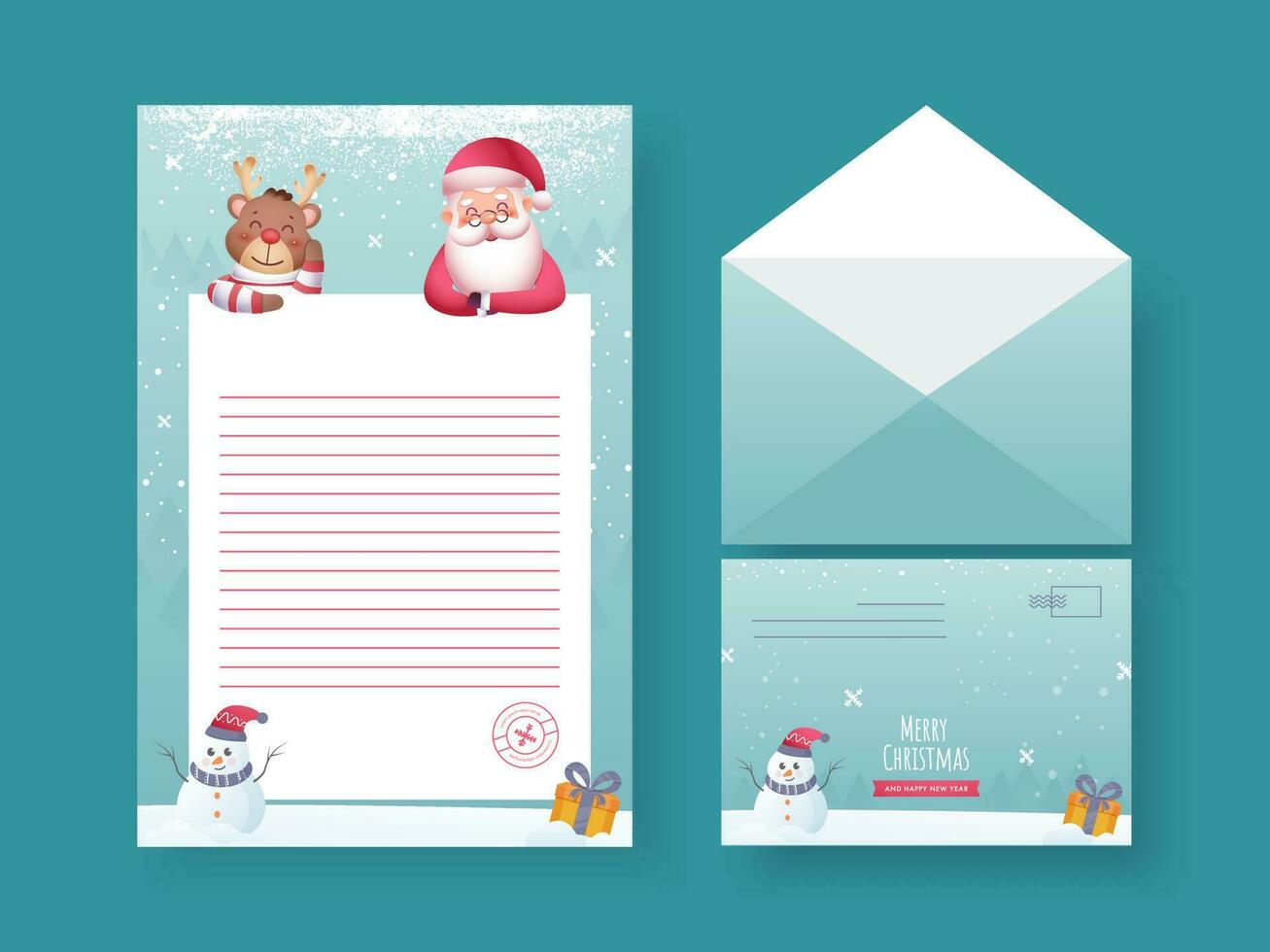 vrolijk Kerstmis en gelukkig nieuw jaar leeg brief of kaart met dubbelzijdig envelop Aan blauw achtergrond. vector