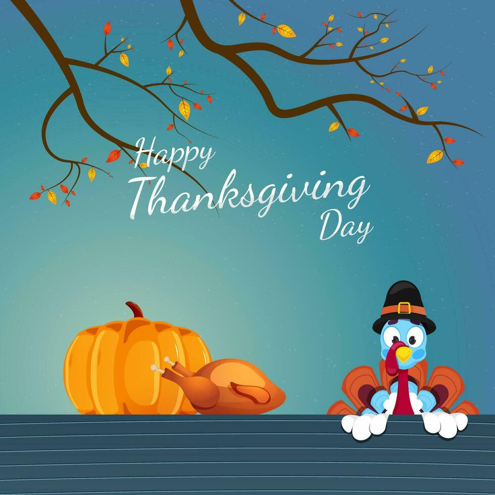 illustratie van kalkoen vervelend pelgrim hoed met pompoen, kip en herfst takken Aan blauw achtergrond voor gelukkig dankzegging dag viering. vector