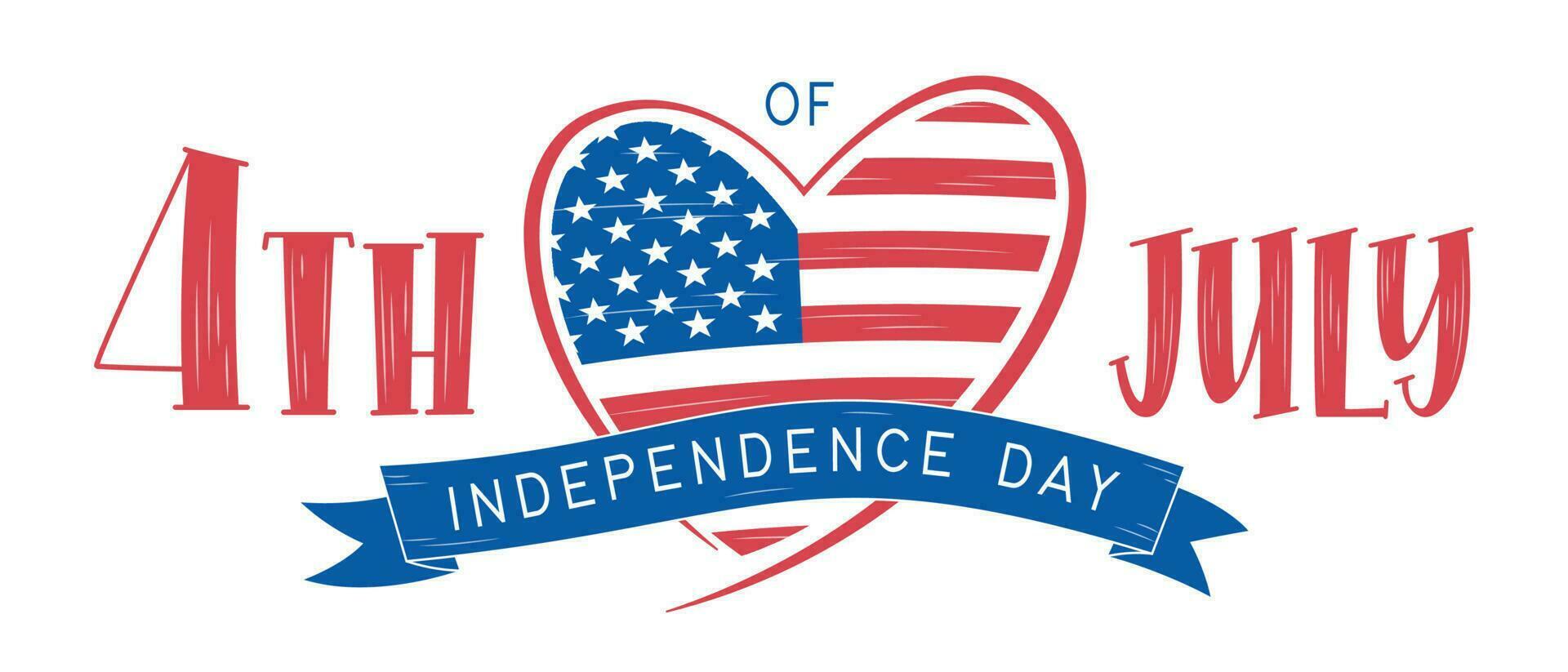 4e van juli, Verenigde verklaarde: onafhankelijkheid dag tekst banier met Verenigde Staten van Amerika vlag in hart vorm geven aan. Amerikaans nationaal vakantie. hand- getrokken belettering typografie ontwerp. vector poster