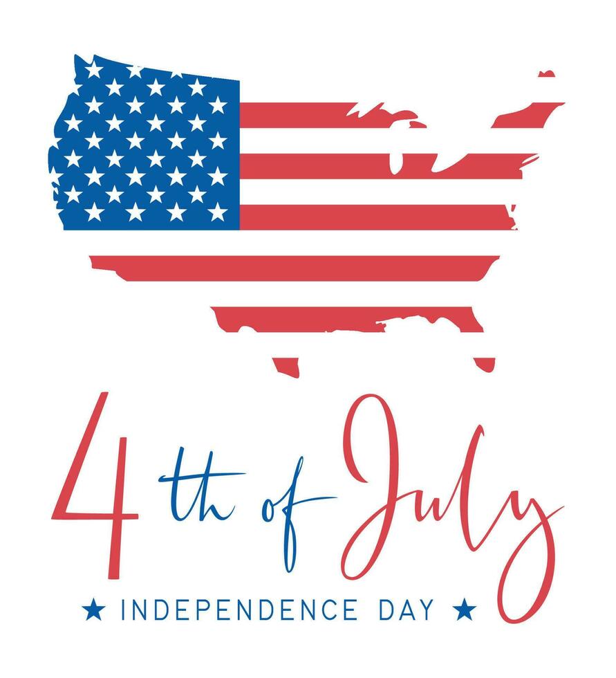 4e van juli, Verenigde verklaarde: onafhankelijkheid dag tekst banier met Verenigde Staten van Amerika vlag in kaart vorm geven aan. Amerikaans nationaal vakantie. hand- getrokken belettering typografie ontwerp. vector poster