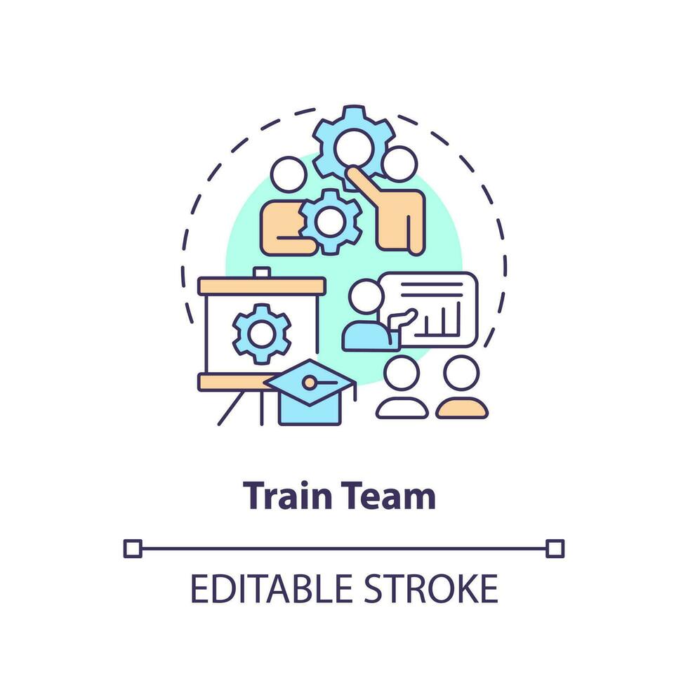 trein team concept icoon. tijd vermindering. toenemen productiviteit. coaching medewerkers abstract idee dun lijn illustratie. geïsoleerd schets tekening. bewerkbare beroerte vector