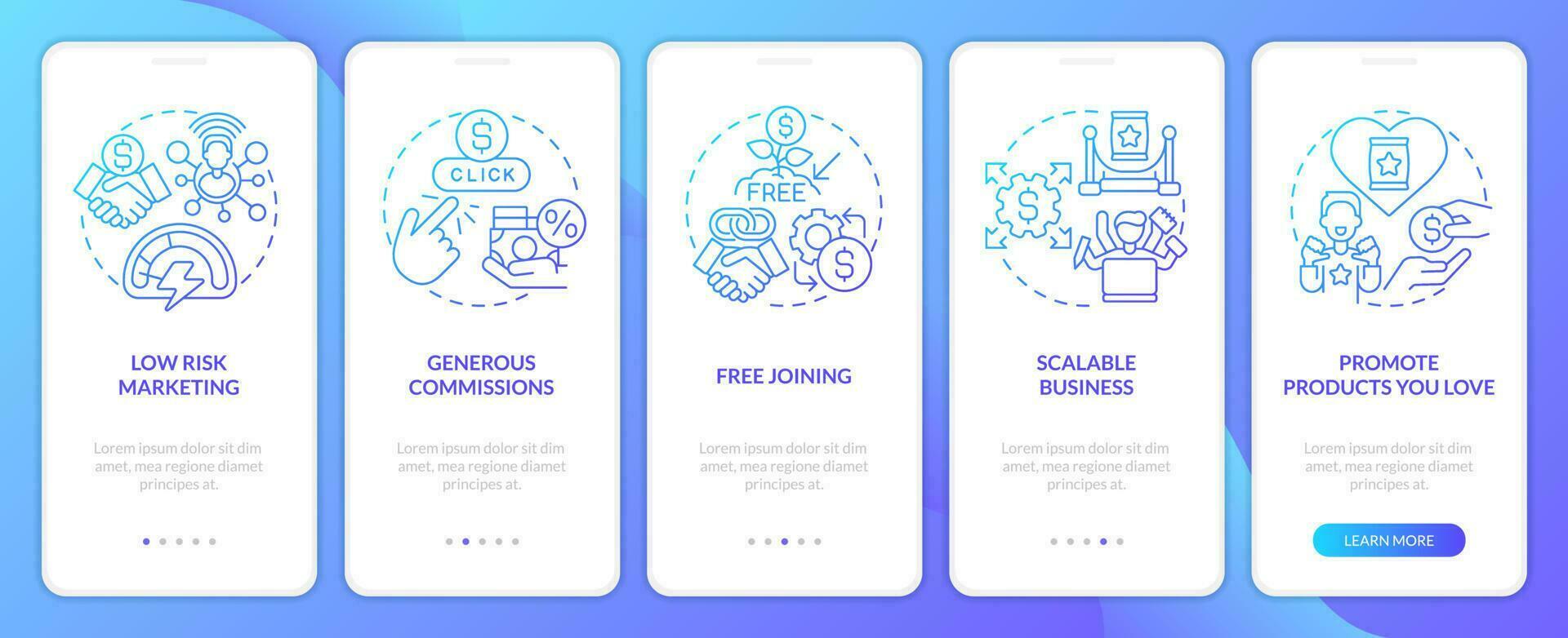 affiliate marketeer voordelen blauw helling onboarding mobiel app scherm. walkthrough 5 stappen grafisch instructies met lineair concepten. ui, ux, gui sjabloon vector
