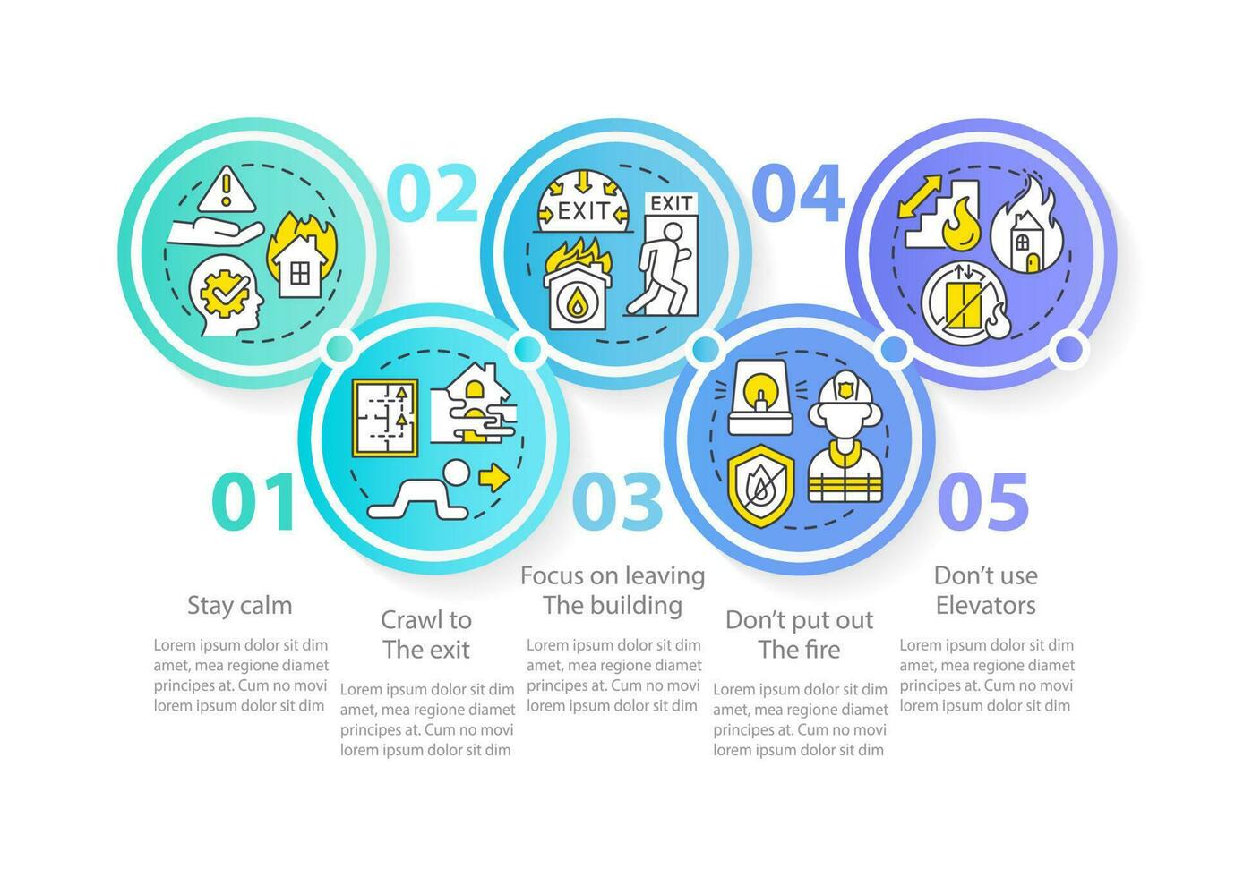 ontsnappen huis van brand cirkel infographic sjabloon. kruipen naar Uitgang. gegevens visualisatie met 5 stappen. bewerkbare tijdlijn info grafiek. workflow lay-out met lijn pictogrammen vector