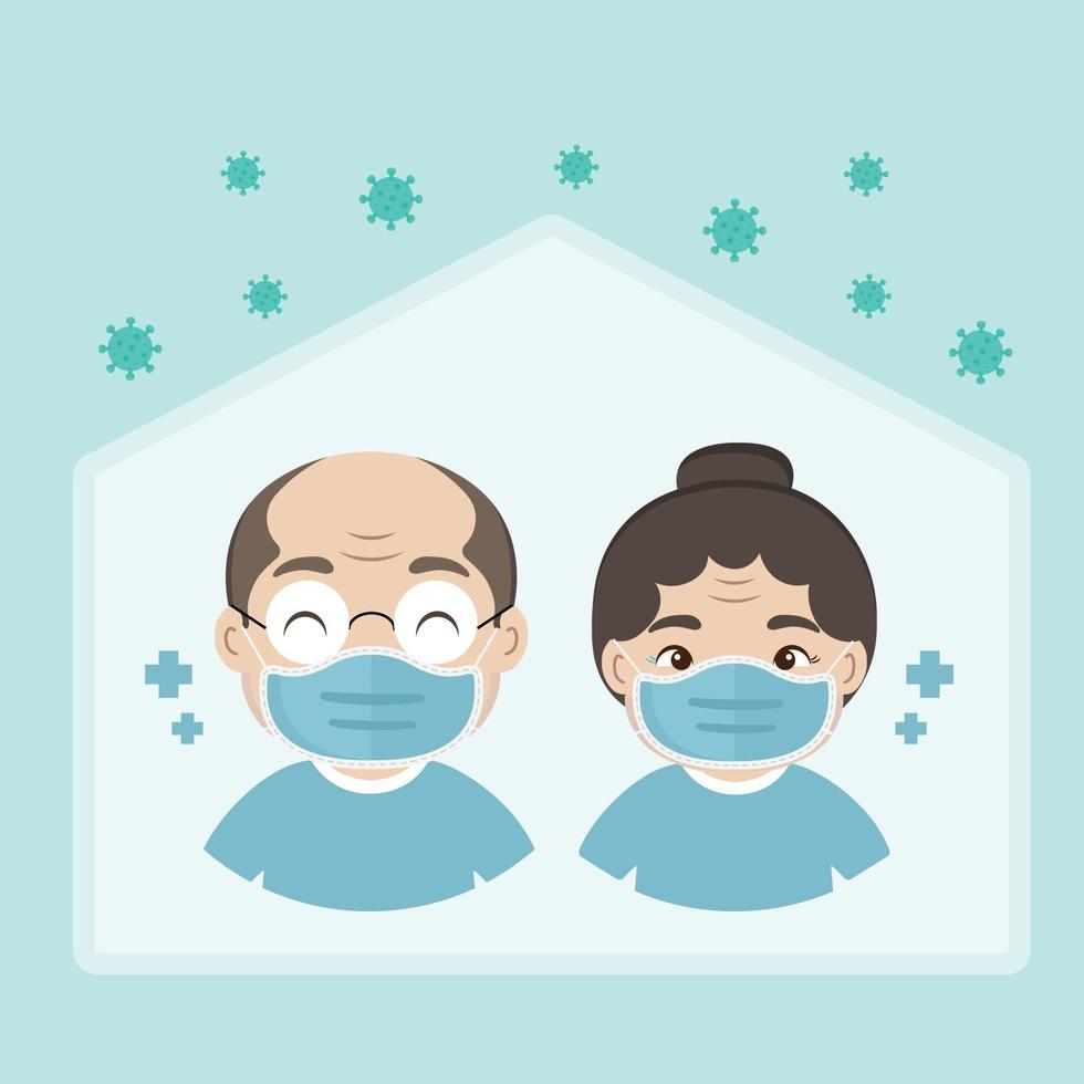 bejaarde echtpaar draagt medische gezichtsmaskers en blijft thuis tijdens coronavirus-pandemie vector