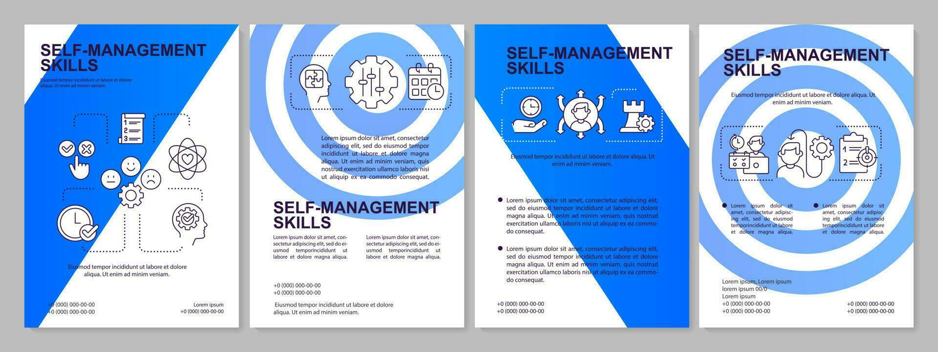 vaardigheden van zelfmanagement blauw brochure sjabloon. efficiëntie. brochure ontwerp met lineair pictogrammen. bewerkbare 4 vector indelingen voor presentatie, jaar- rapporten