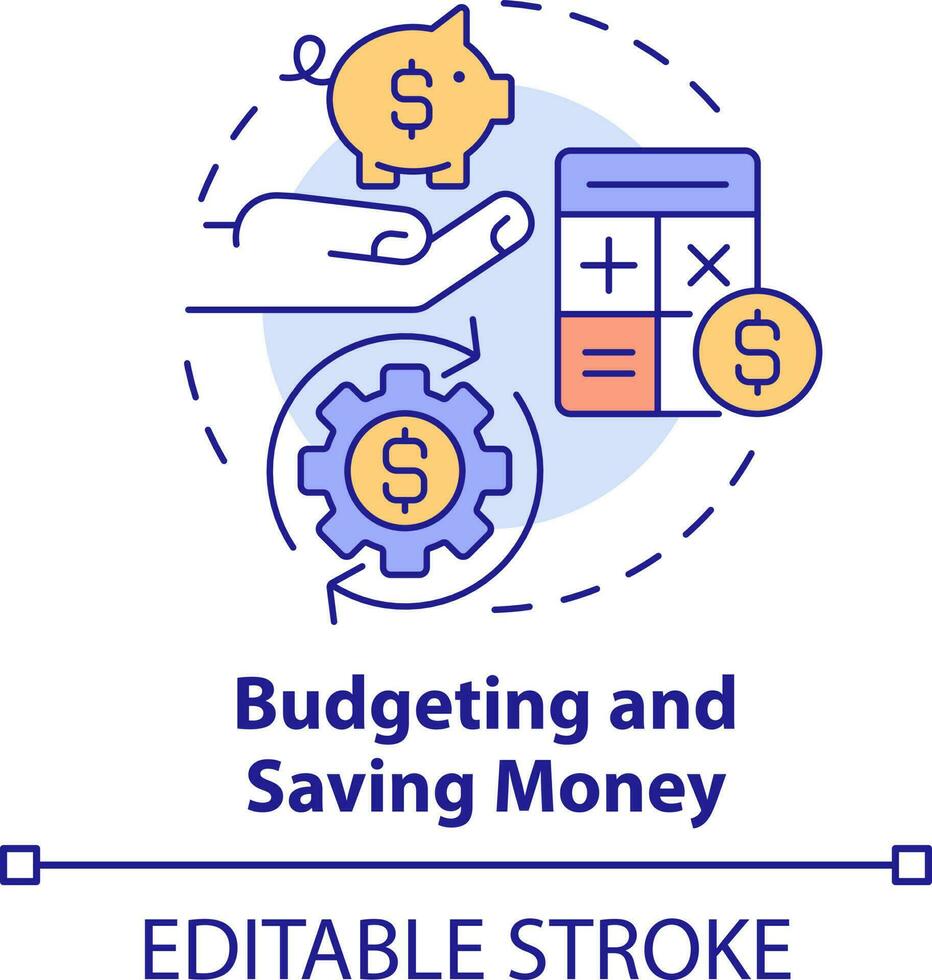 budgettering en besparing geld concept icoon. eenvoudig leven vaardigheid abstract idee dun lijn illustratie. berekenen inkomen, uitgaven. geïsoleerd schets tekening. bewerkbare beroerte vector