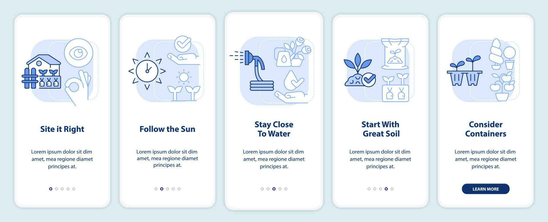 tuinieren tips licht blauw onboarding mobiel app scherm. aanplant walkthrough 5 stappen bewerkbare grafisch instructies met lineair concepten. ui, ux, gui sjabloon vector