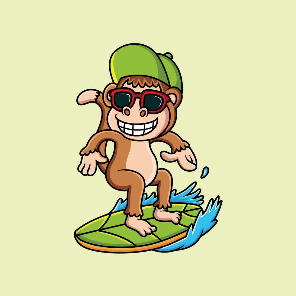 aap surfing tekenfilm met zoet glimlach vector