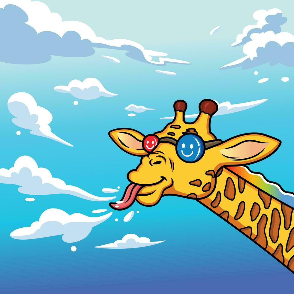 giraffe tekenfilms met grappig uitdrukkingen zijn spelen met wolken vector