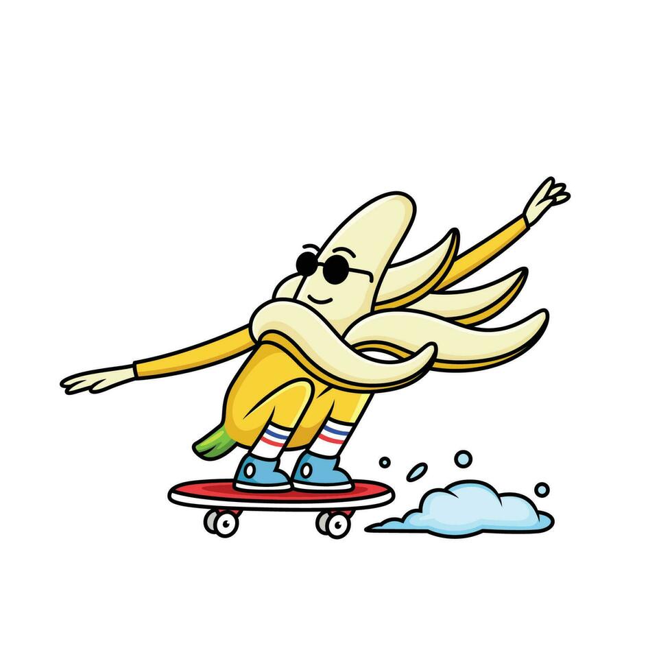 banaan tekenfilm spelen skateboard met koel uitdrukking vector