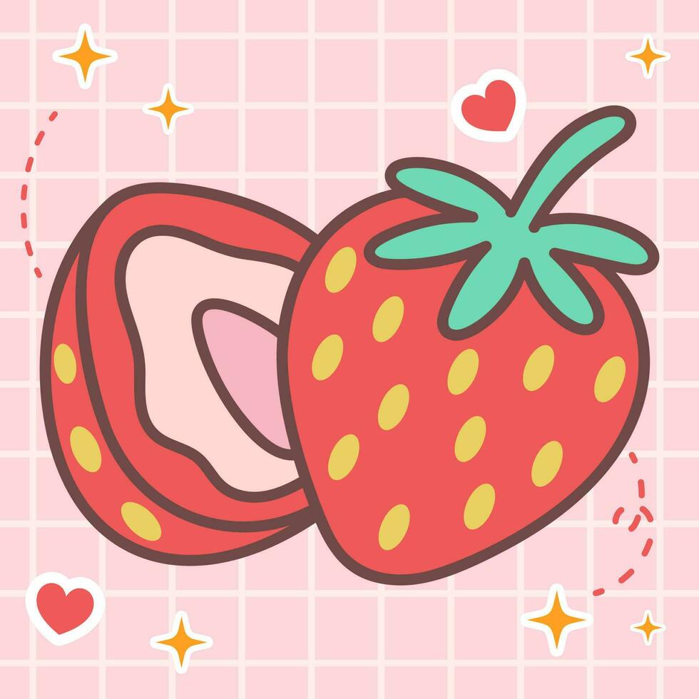 kawaii voedsel van vers aardbei fruit. vector hand- getrokken schattig tekenfilm karakter illustratie logo icoon. schattig Japan animatie, manga stijl concept ontwerp