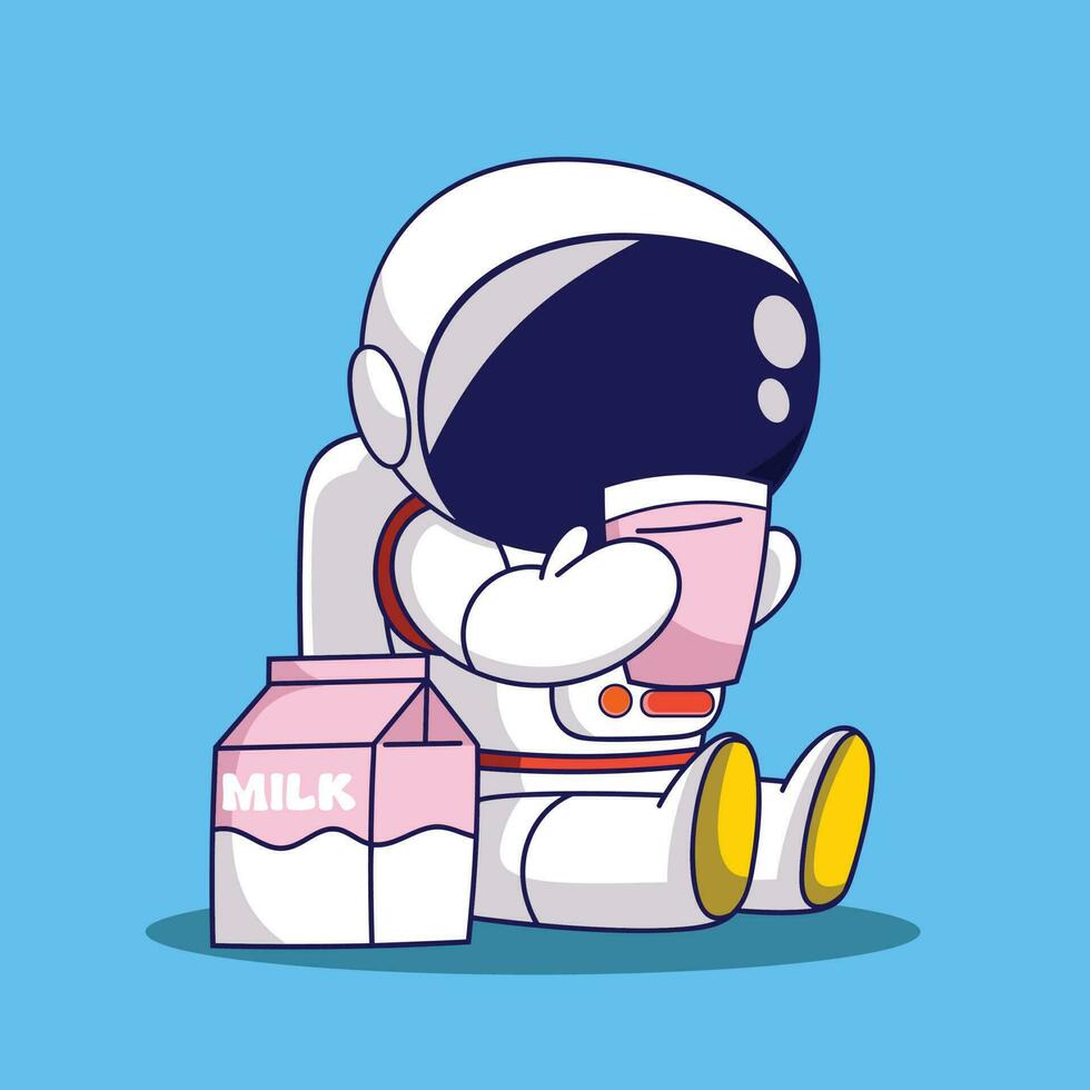 schattig tekenfilm astronaut met melk doos. schattig tekenfilm vector illustratie.