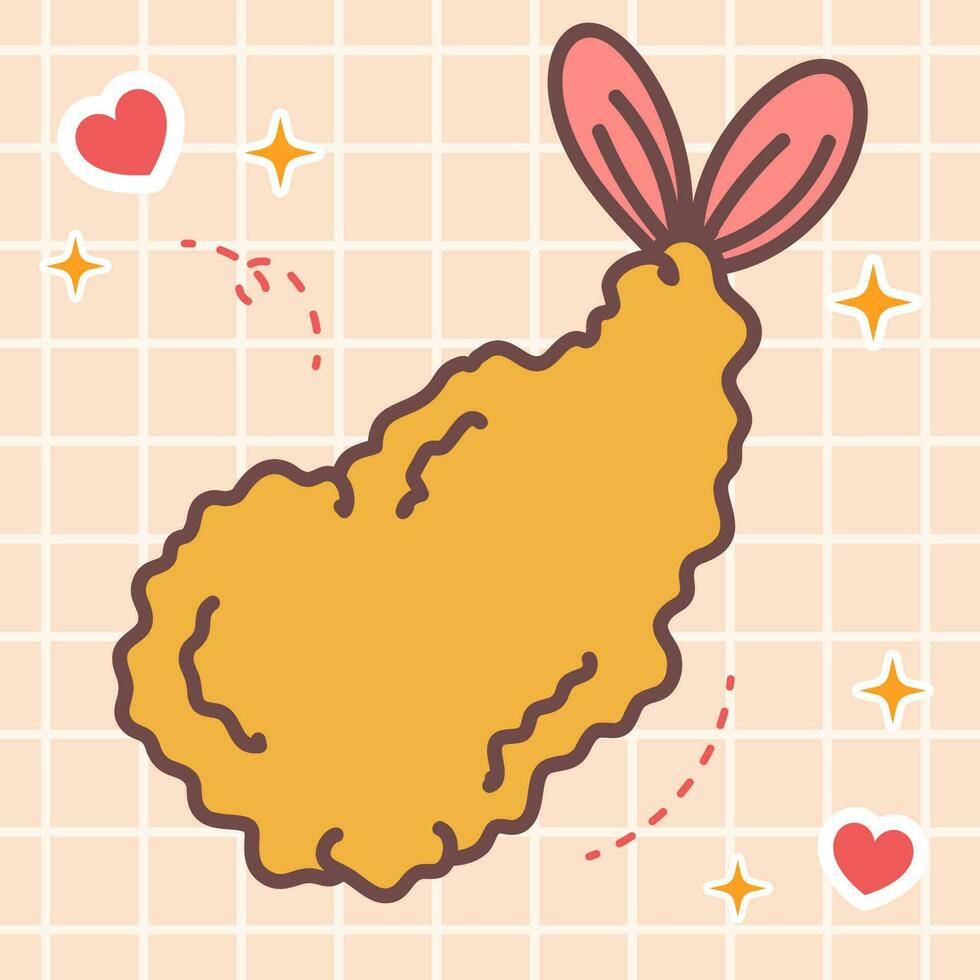 kawaii voedsel van garnaal tempura of ebi furai. vector hand- getrokken schattig tekenfilm illustratie logo icoon. Japan animatie, manga stijl concept ontwerp