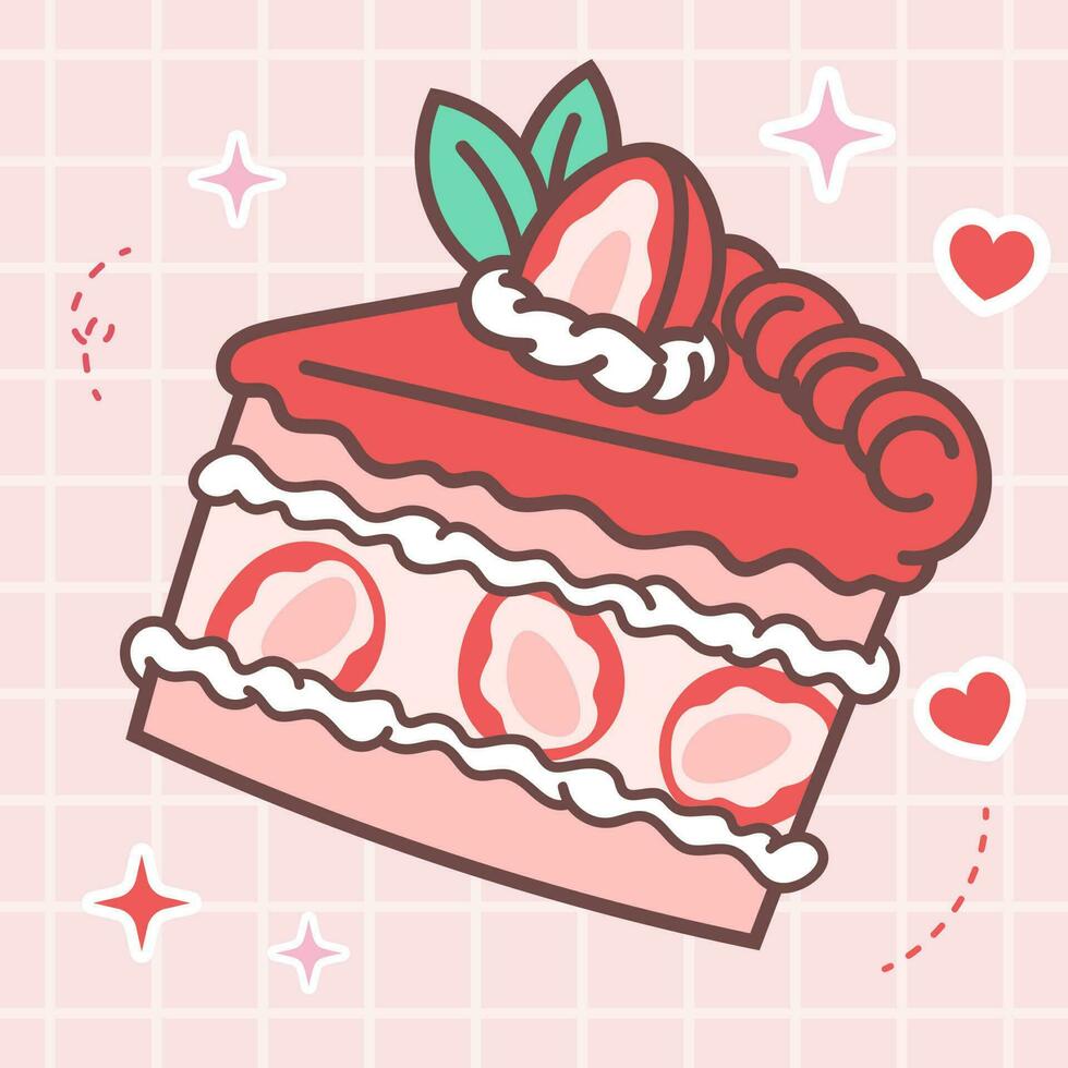 kawaii voedsel van schattig aardbei kaas taart vector illustratie met Japans tekening stijl voor kind Product, sticker, overhemd met roze achtergrond