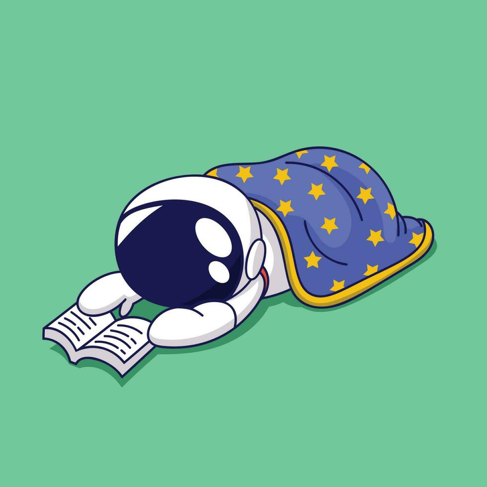 schattig tekenfilm astronaut slapen Aan de boek. vector tekenfilm karakter illustratie.