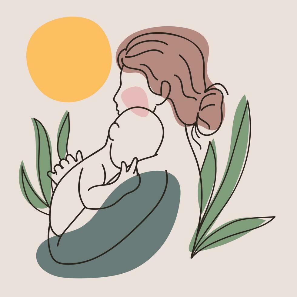 vector illustratie van een vrouw met een pasgeboren baby in haar armen.