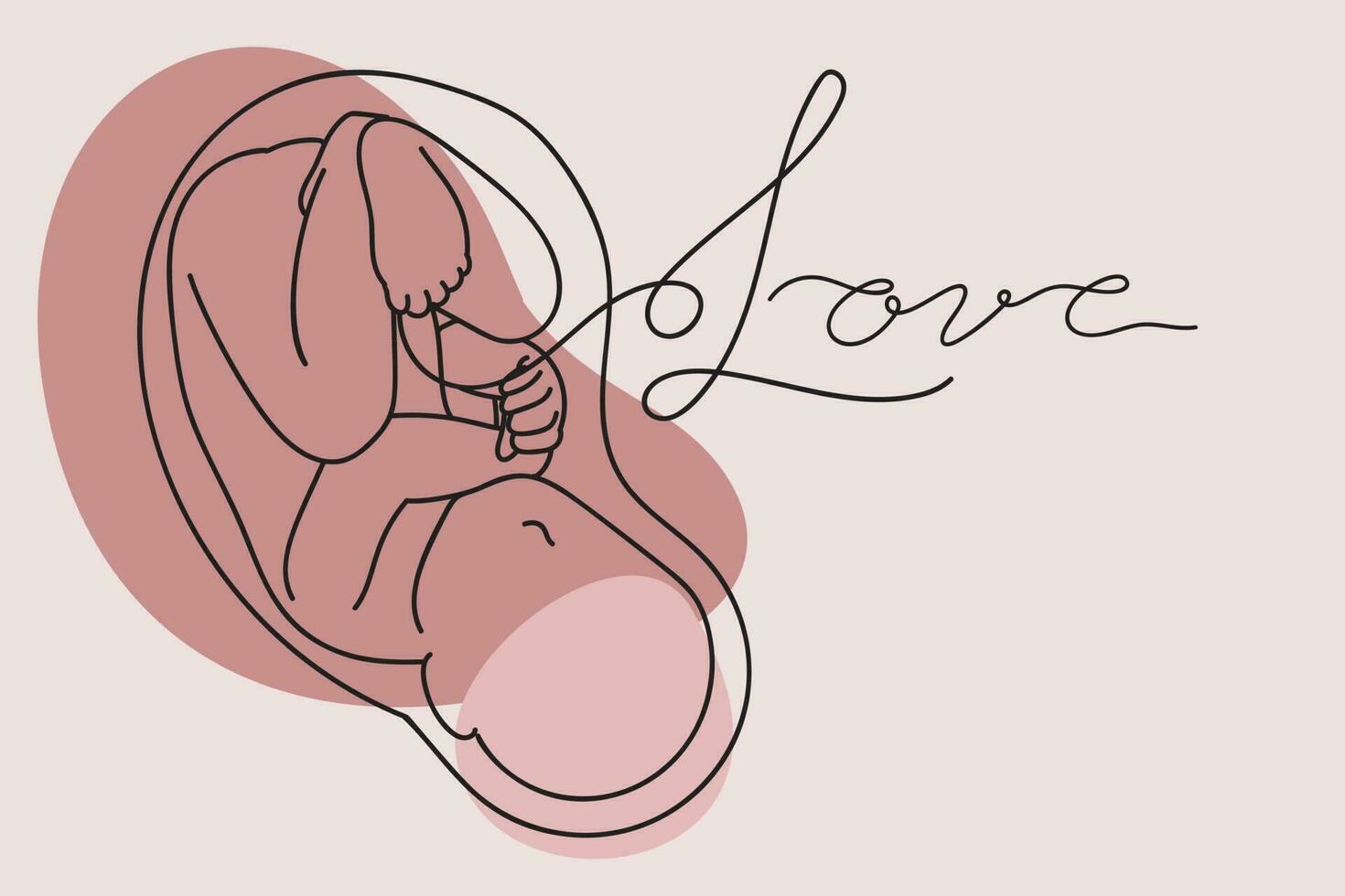 doorlopend een gemakkelijk single abstract lijn kunst tekening van een baby in moeder baarmoeder van zwanger vrouw in silhouet Aan een roze achtergrond met de woord baby. vector