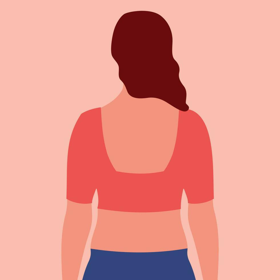 portret van een jong meisje met oranje Bijsnijden top geïsoleerd Aan roze achtergrond terug kant visie dichtbij omhoog verscheidenheid avatar van mooi vrouw voor sociaal media minimalistische vector illustratie in vlak stijl