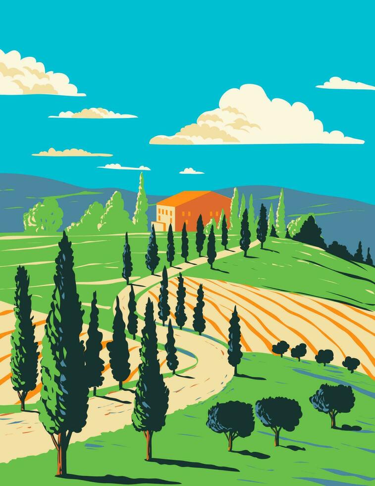 wijngaard in Toscaans platteland Toscane centraal Italië wpa kunst deco poster vector