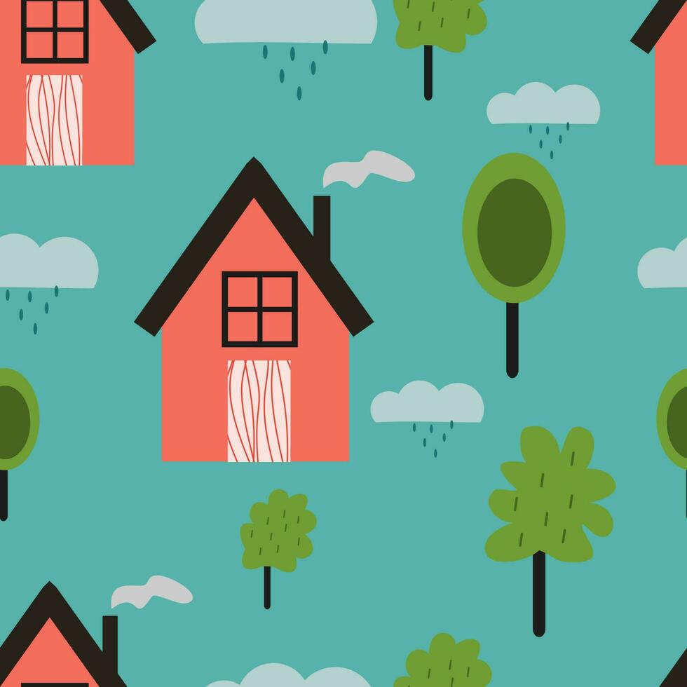 schattig klein huis naadloos patroon met schattig bomen vector