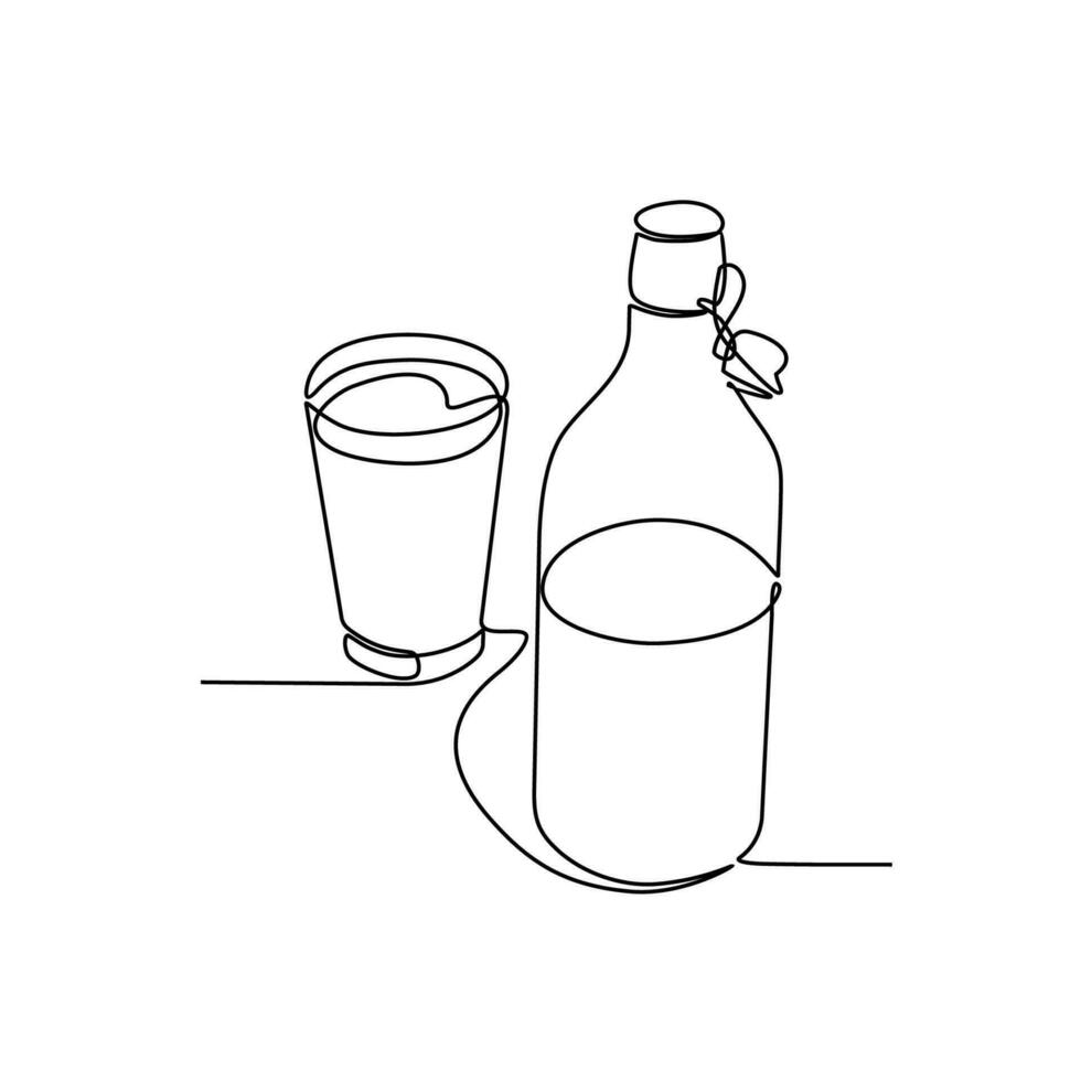 een doorlopend lijn tekening van fles en glas met melk bevat. drank in gemakkelijk lineair stijl. drank ontwerp concept vector illustratie