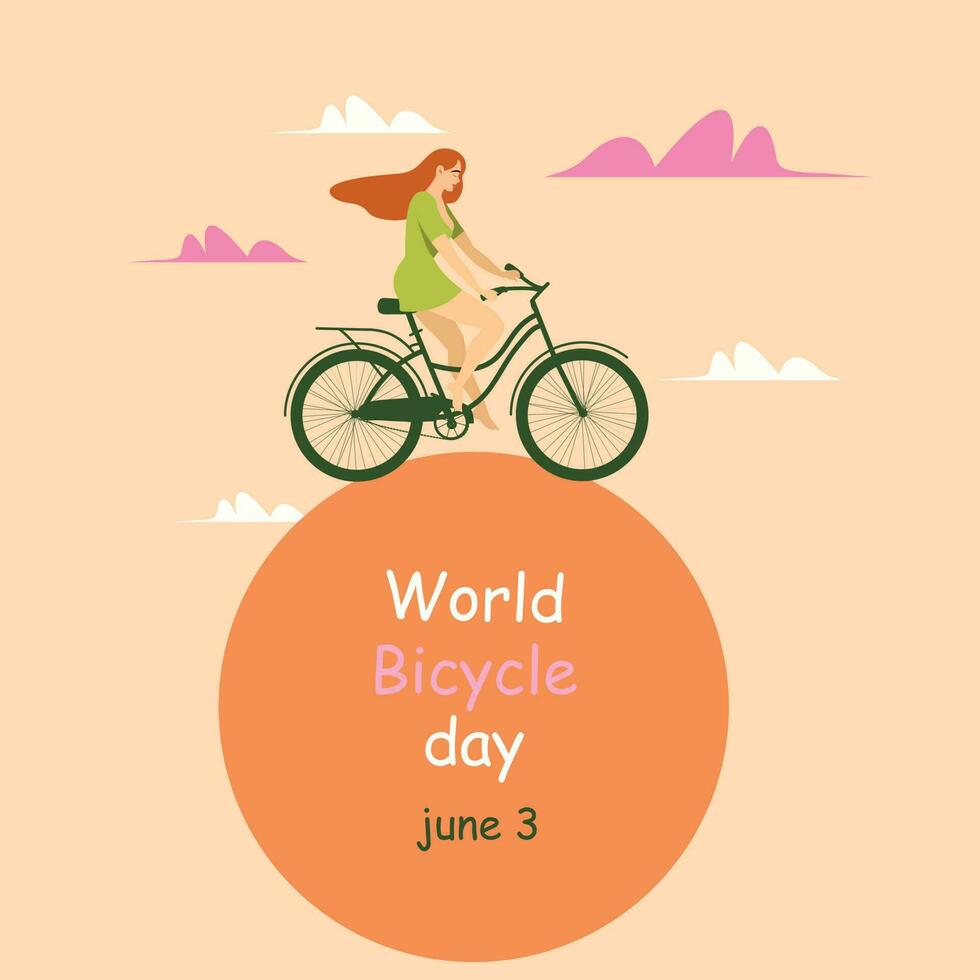 wereld fiets dag juni 3, wereld fiets dag concept. meisje ritten een fiets, fiets vector logo sjabloon