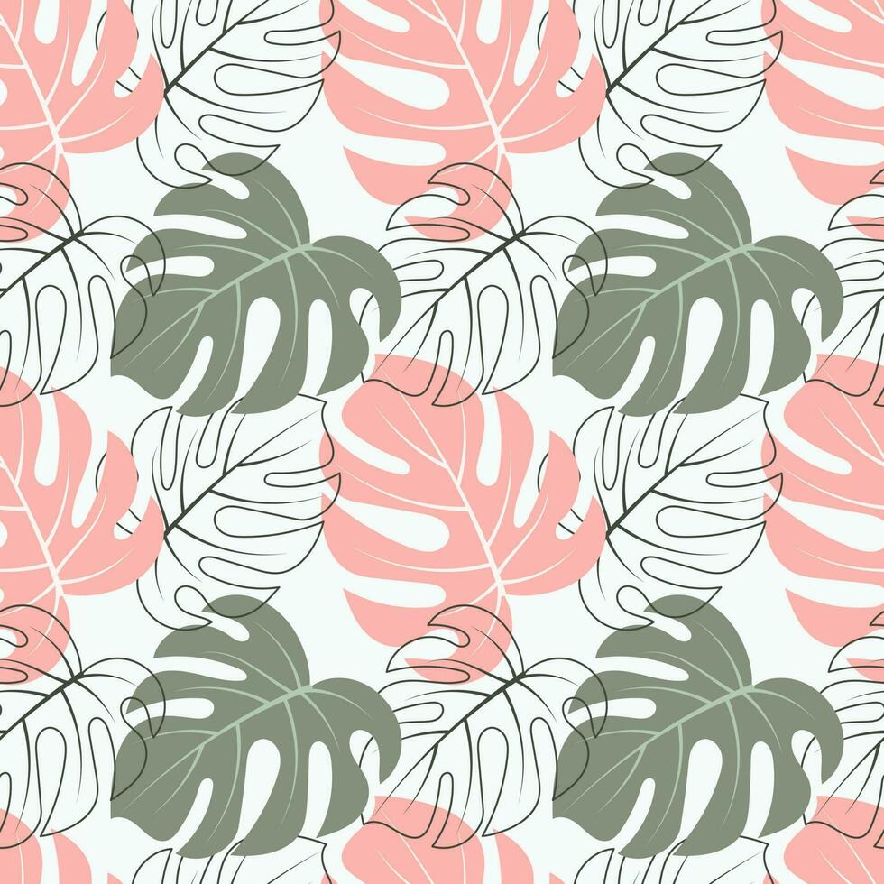 naadloos patroon met gekleurde en schets tropisch monstera bladeren.pastel kleuren. afdrukken, textiel, sjabloon, vector