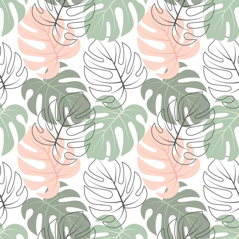 naadloos patroon met gekleurde en schets tropisch monstera bladeren.pastel kleuren. afdrukken, textiel, sjabloon, vector