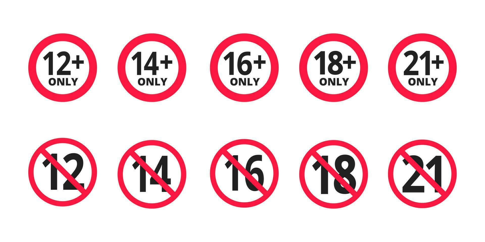 volwassenen inhoud enkel en alleen leeftijd beperking 12, 14, 16, 18, 21 plus jaren oud icoon tekens set. vector