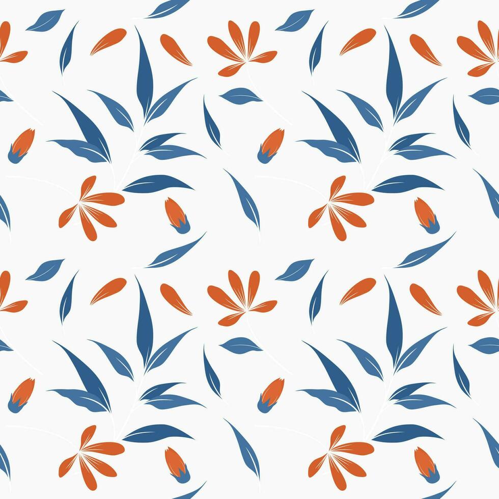 vector achtergrond naadloos patroon van blauw bladeren en oranje bloemen Aan wit achtergrond.idee voor een boek Hoes ontwerp.geschenk omhulsel papier of papier voor Product ontwerp.vector illustratie.