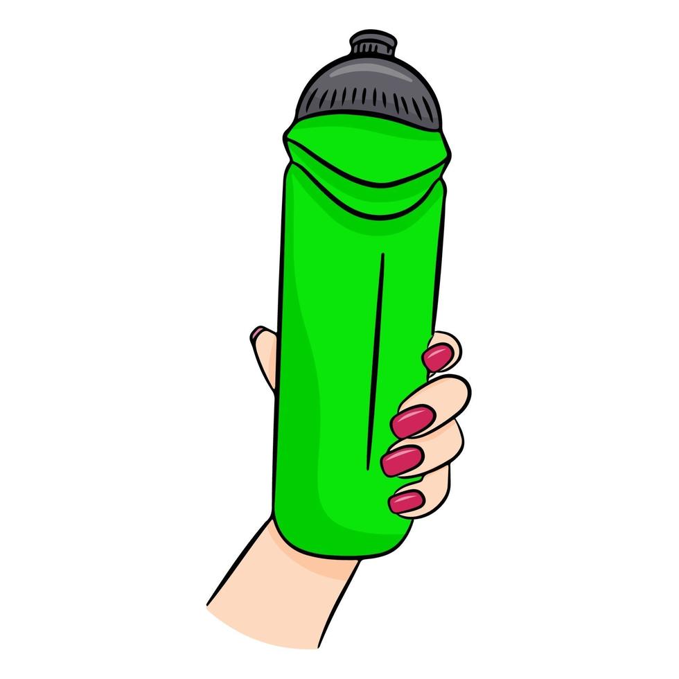 fitness waterfles in een mooie vrouwelijke hand vector illustratie geïsoleerde witte achtergrond