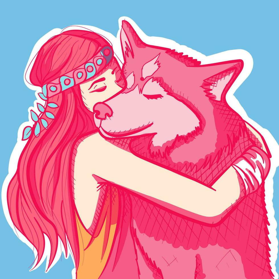 digitaal conceptuele kunst over vriendschap en gezelschap. vector van een hippie vrouw met lang armband knuffelen haar Siberisch schor.