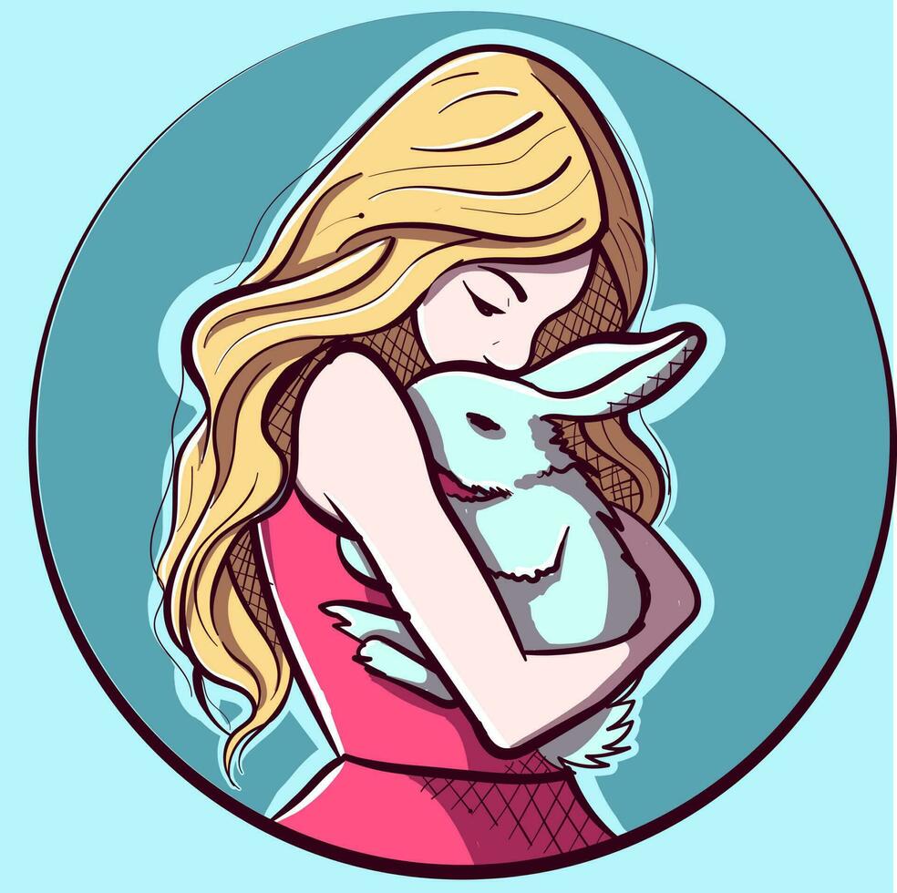 digitaal kunst van een jong blond vrouw knuffelen een pluizig konijn. vector illustratie van een meisje in een roze jurk Holding een schattig konijn.