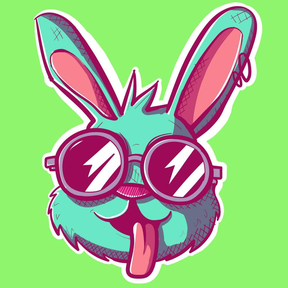 dwaas konijn illustratie met de tong plakken uit. groen konijn hoofd met koel ronde zonnebril en piercings. vector