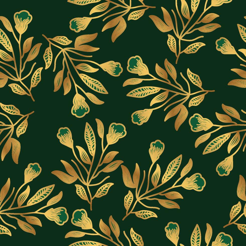 luxe groen en goud bloem patroon. hand- getrokken naadloos bloemen patroon voor mode, behang, omhulsel papier, achtergrond, kleding stof, textiel, kleding, en kaart ontwerp vector