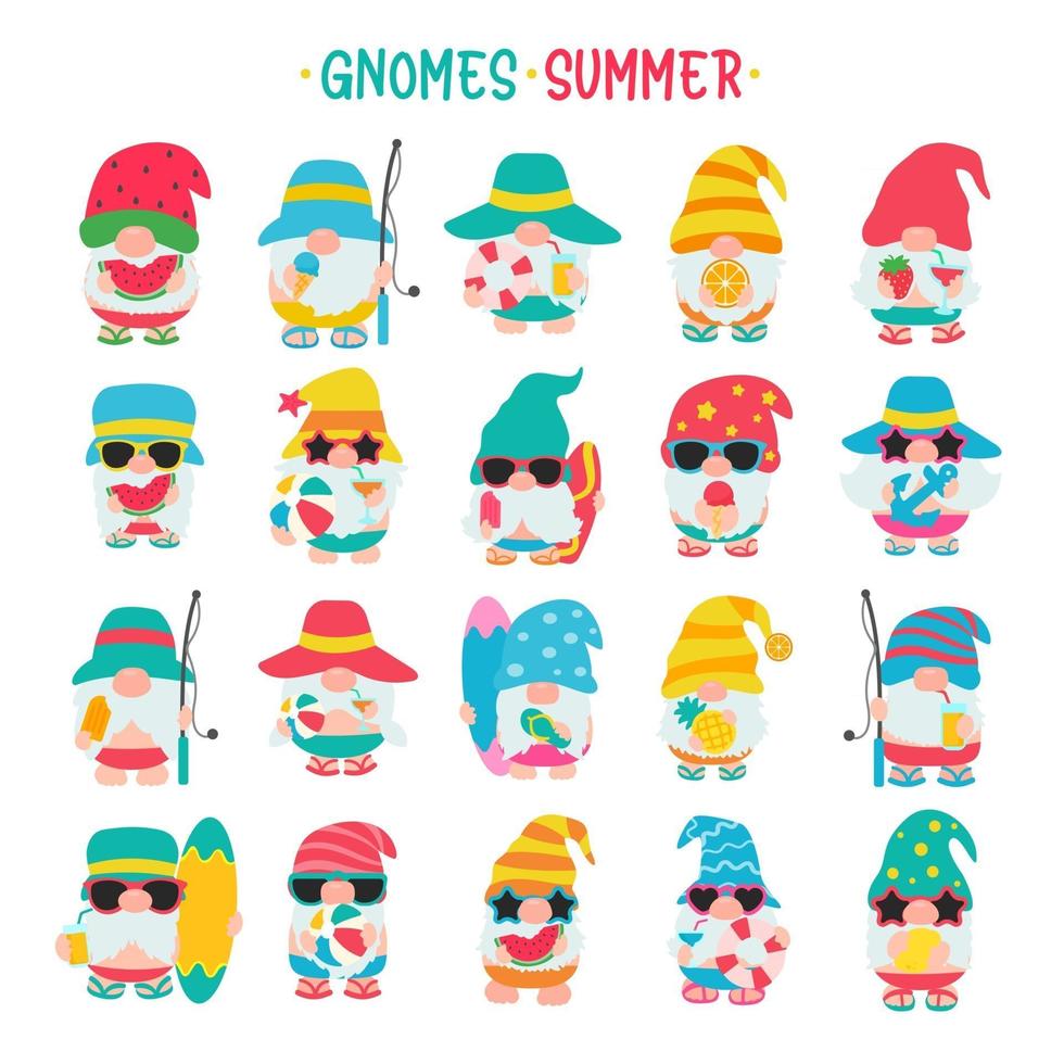 kabouters zomerkabouters dragen hoeden en zonnebrillen tijdens zomerse uitstapjes naar het strand vector