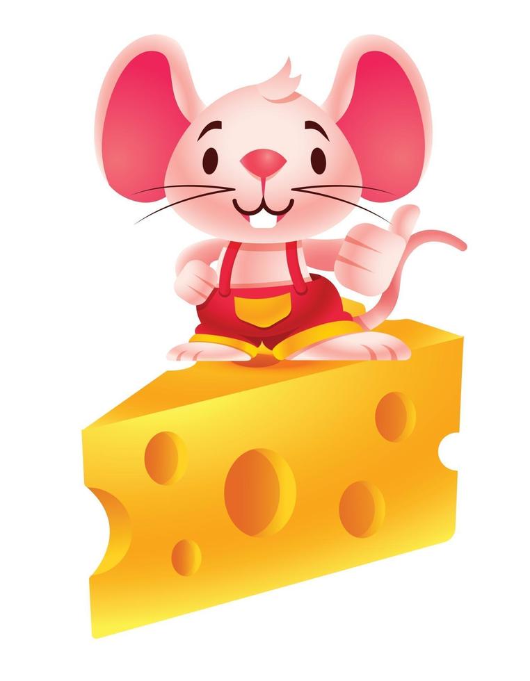 cartoon schattige muis toont duim hand en staande op grote Zwitserse kaas vector