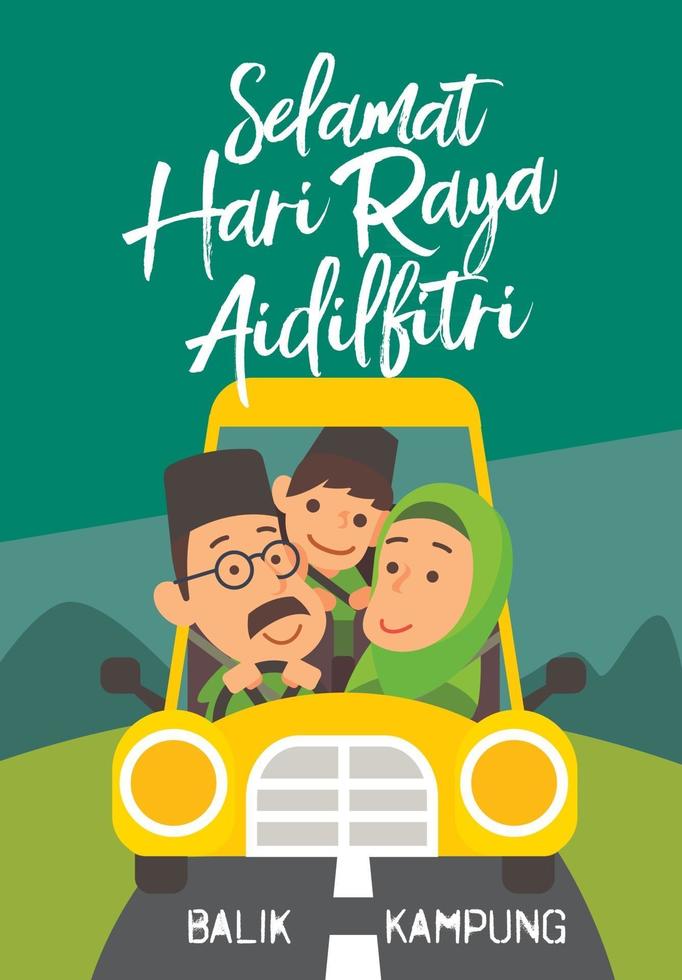moslimfamilie rijdt auto terug naar geboorteplaats voor het vieren van selamat hari raya aidilfitri raya vector