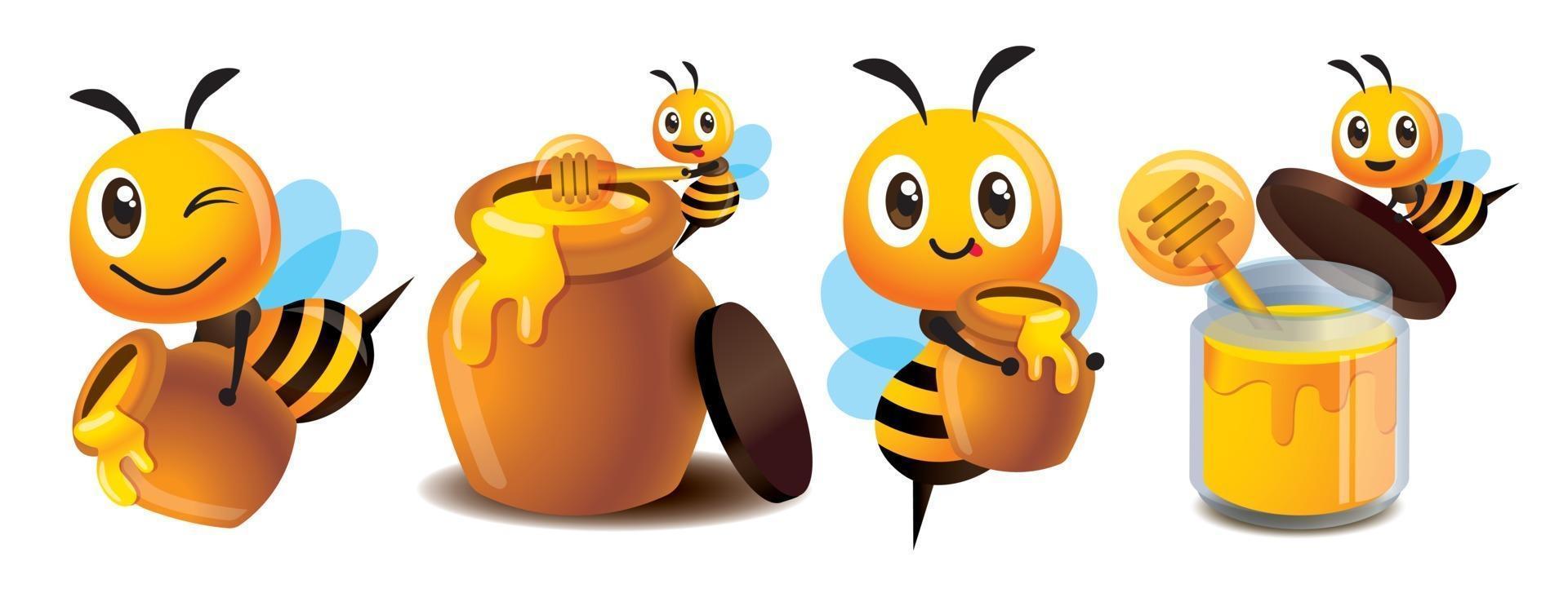 cartoon schattige bij met verse honing en honing pot set vector