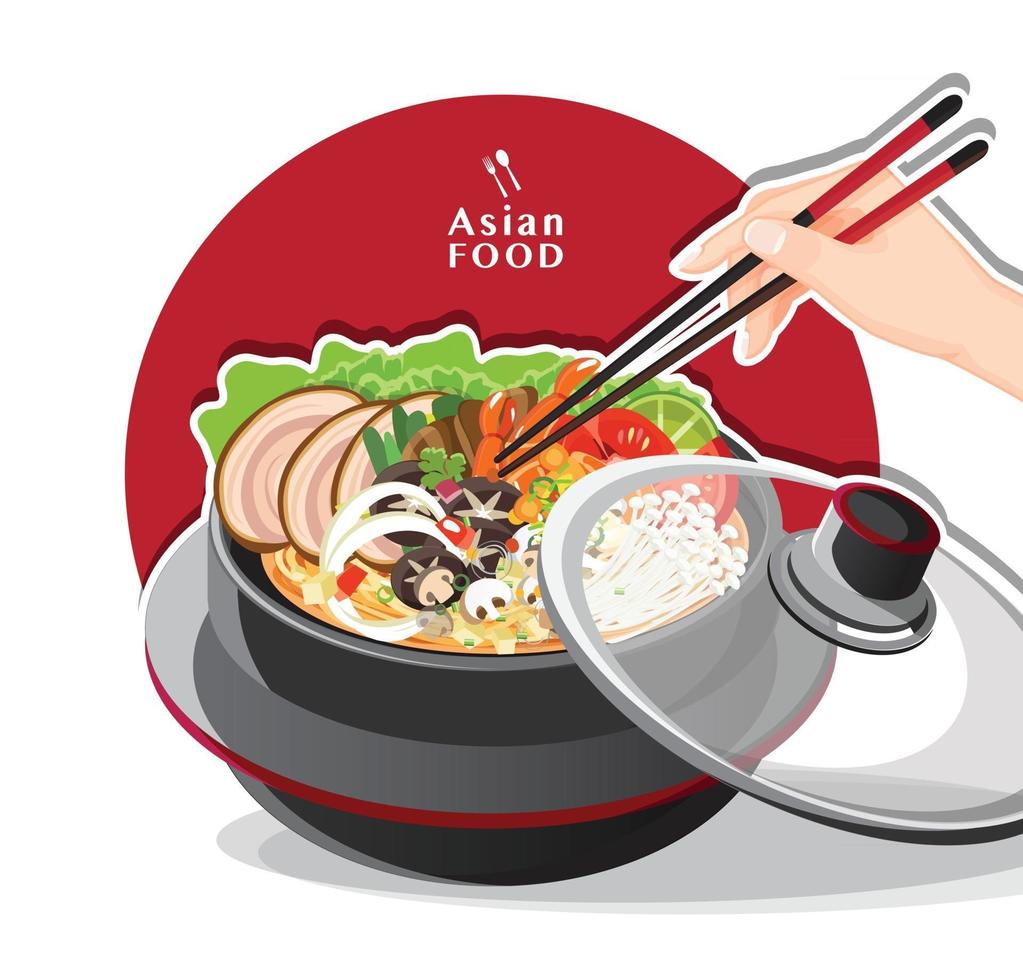 sukiyaki in hete pot bij restaurant hand met stokjes eten shabu vectorillustratie vector